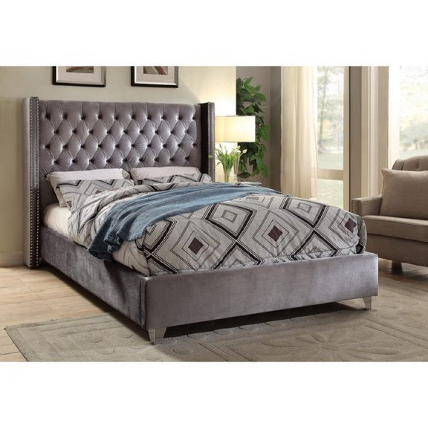 International Furniture - Velvet Upholstered Bed - Grey