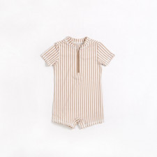 Petit Lem - Short Sleeve Swim Romper - Taupe Striped