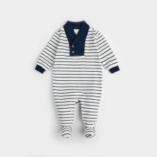 Petit Lem - Shawl Collar Velour Footed Sleeper - Blue Striped